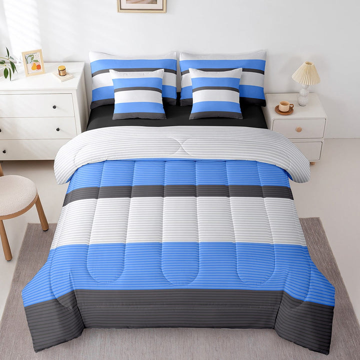 Erosebridal Blue Stripes Bedding Sets Twin Size,Geometric Lines Comforter Sets with Sheets,Geometric Theme Bed in a Bag Twin size,Ultra Soft Abstract Room Decor,Reversible,7pcs