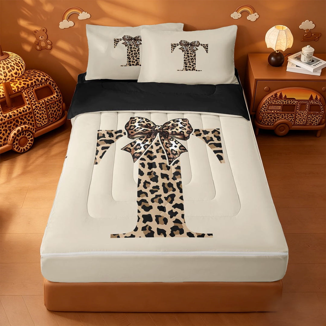 meiyoeat bowknot Print Letter Zipper Full Size Comforter Sets with Fitted Sheet and 2 Pillowcases,Cheetah Monogram Art T Zipper Bedding Set,Black Reversible,4 Pieces
