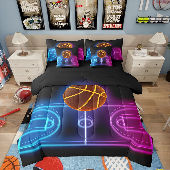 7 Piece Basketball Twin Bed in a Bag Sports Bedding Sets Teen Basketball Lover Comforter Set with Sheets Sports Game Themed Bed Set Ball Game Decor Sheets