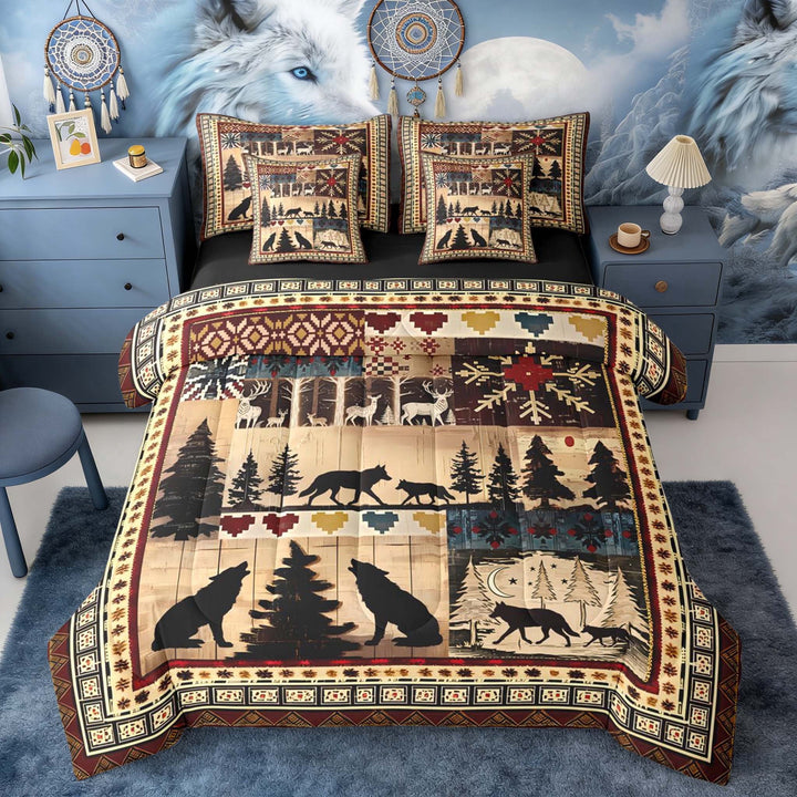 Erosebridal Winter Wildlife Wolf Quilt Print Bedding Comforter Set, Cabin Decor Queen Bedding Sets for Men and Women, Black Reversible 7pcs