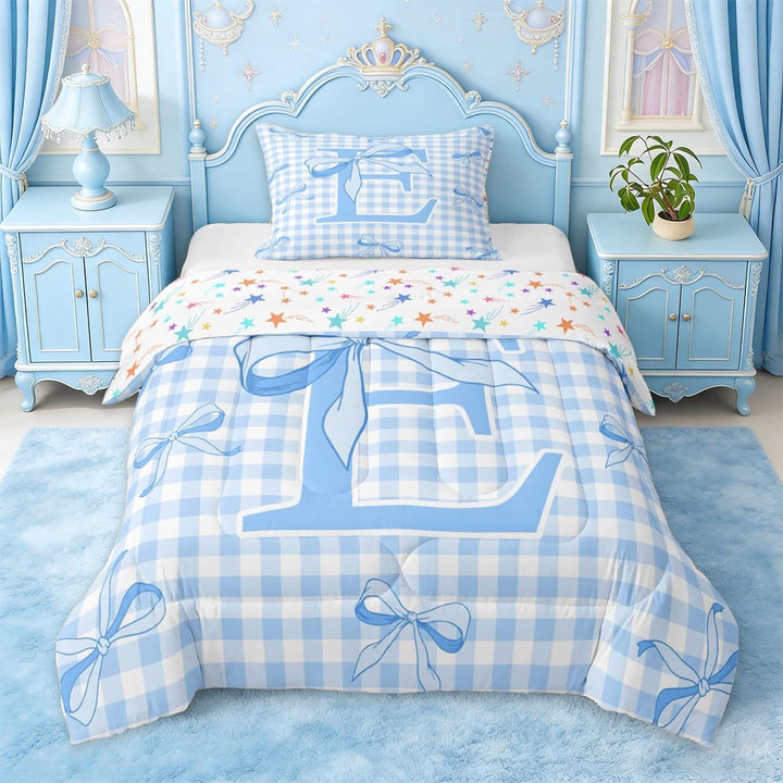 Erosebridal Blue Girly Bow Twin Comforter Sets,Letter E Initial Monogrammed Bedding Set For Kids,Colorful Stars Reversible,2-Piece