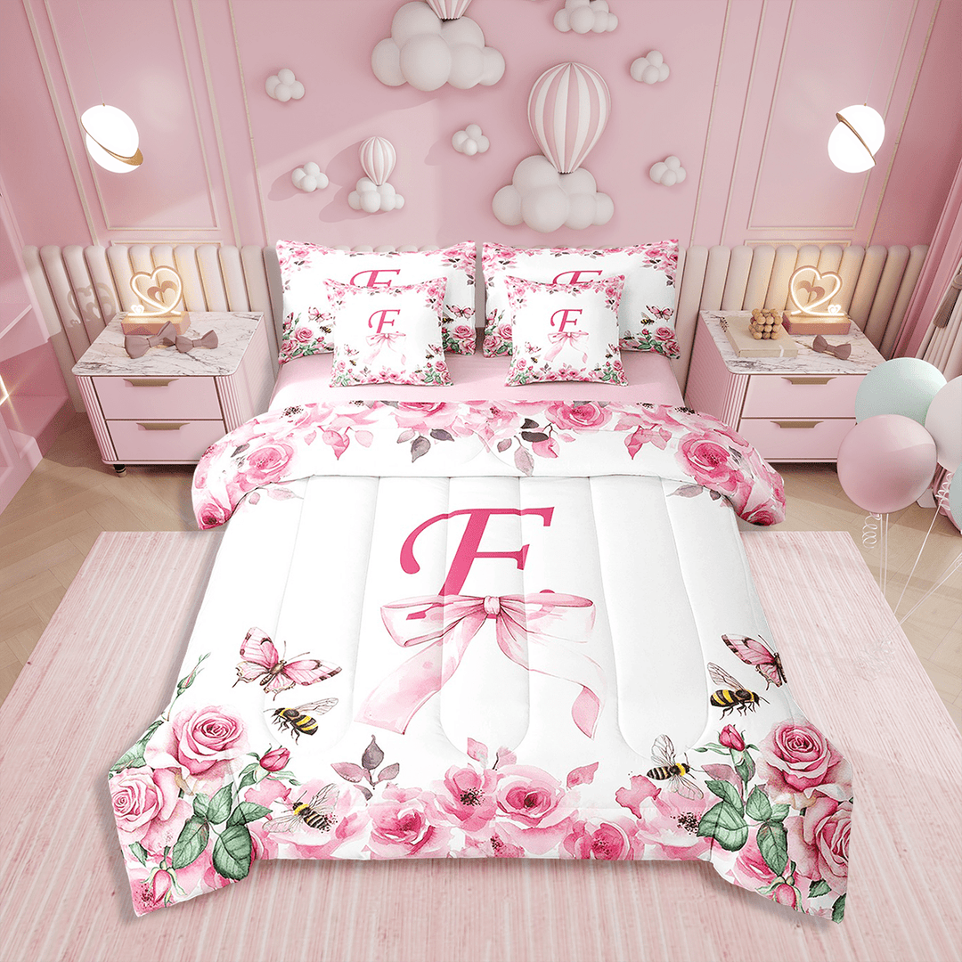 Erosebridal Initial Letter Bedding Set Twin Size 7 Piece Bed in A Bag Bowknot Alphabet Comforter Set Teens Super Soft All Season for Bedroom,A-Z Reversible Bed Sets