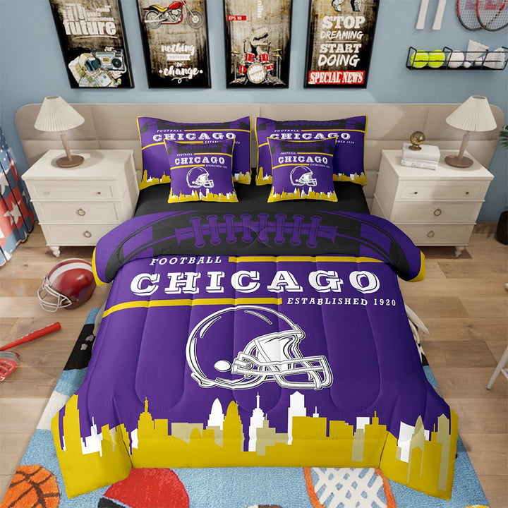 7 Piece Sports Bedding Sets,American Football Fans Bed in a Bag Twin Size Rugby Player Comforter Set with Sheets Football Lovers Bed Set Purple Yellow Sheets (Chicago)