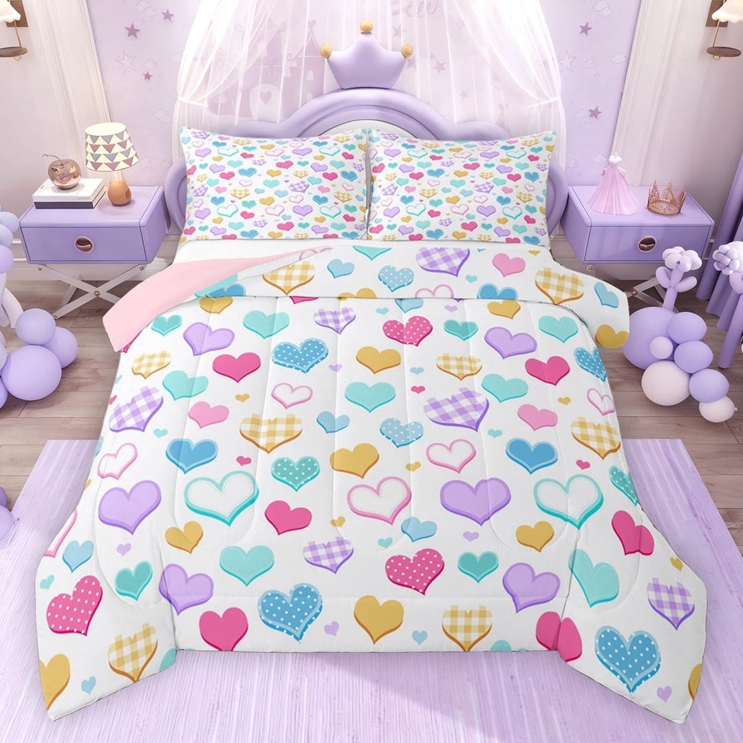 Erosebridal Rainbow Hearts Full Size Comforter Sets, Love Theme Bedding Sets, Pink Reversible, 1 Comforter and 2 Pillowcases