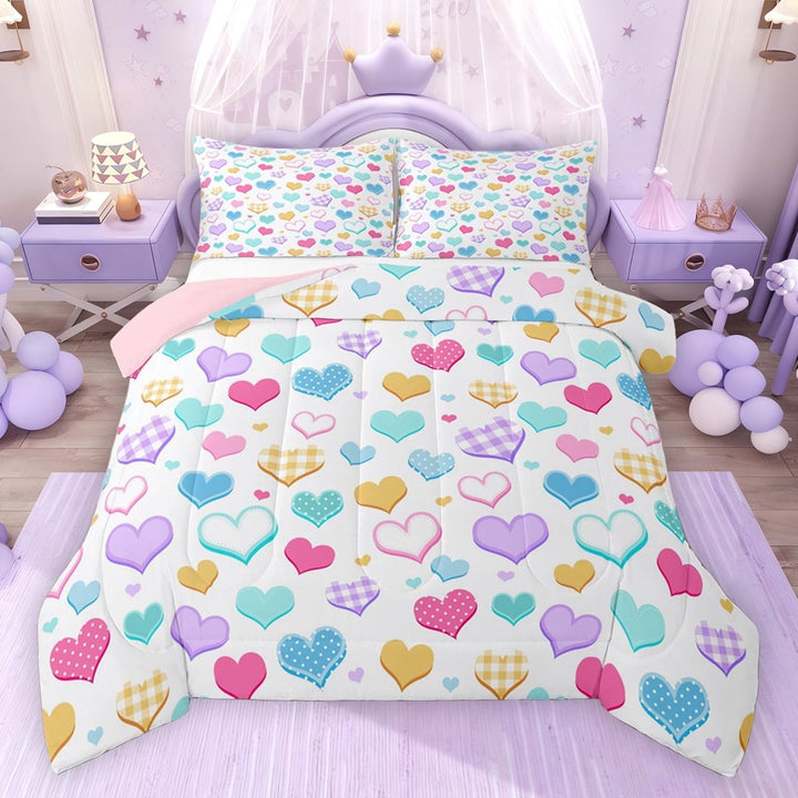 Erosebridal Rainbow Hearts Full Size Comforter Sets, Love Theme Bedding Sets, Pink Reversible, 1 Comforter and 2 Pillowcases