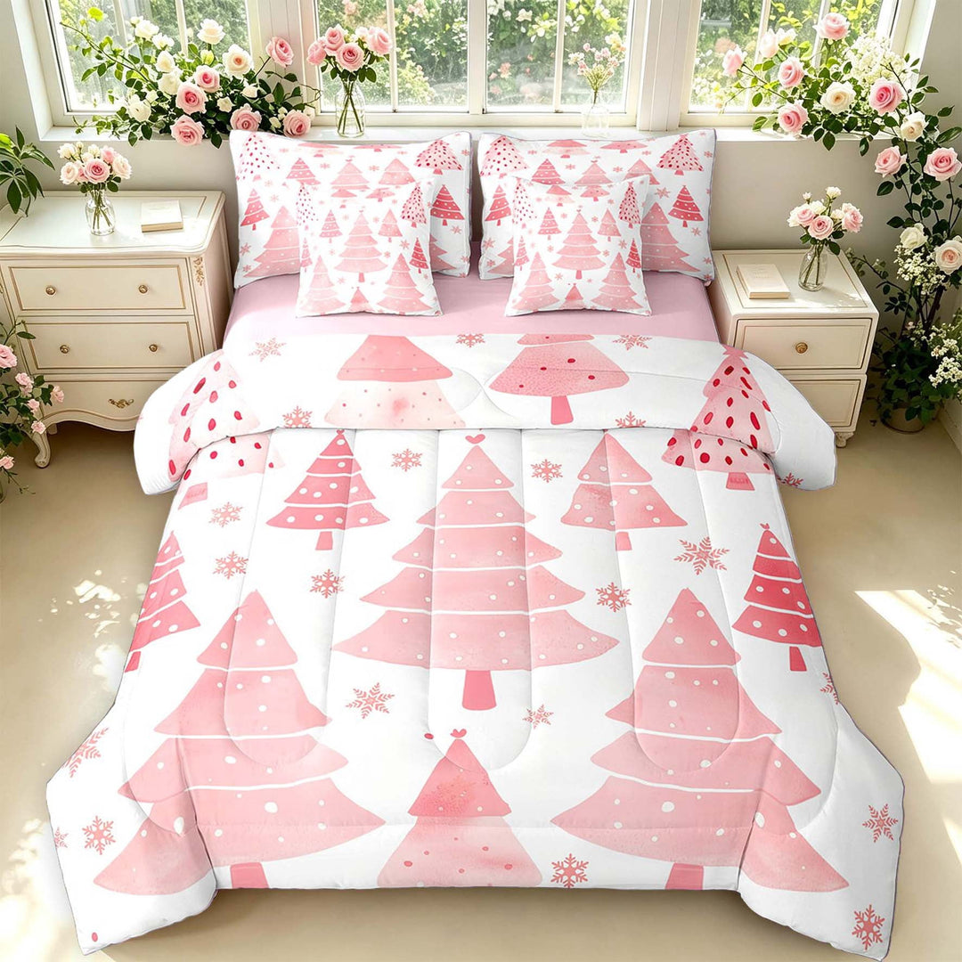 Manfei Pink Christmas Tree 7pcs Queen Bedding,Dreamy Snowflake Bedding Comforter Set Queen,Pink,Pink Reversible