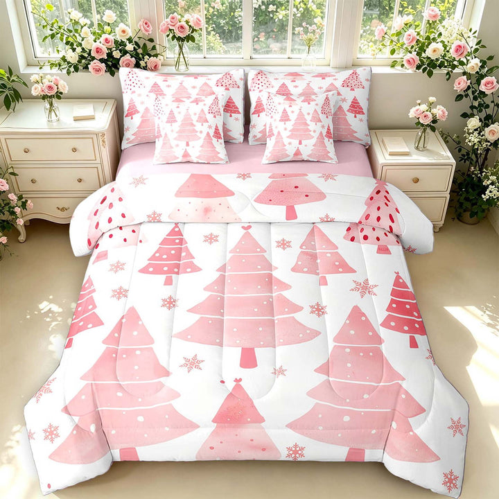 Manfei Pink Christmas Tree 7pcs Queen Bedding,Dreamy Snowflake Bedding Comforter Set Queen,Pink,Pink Reversible