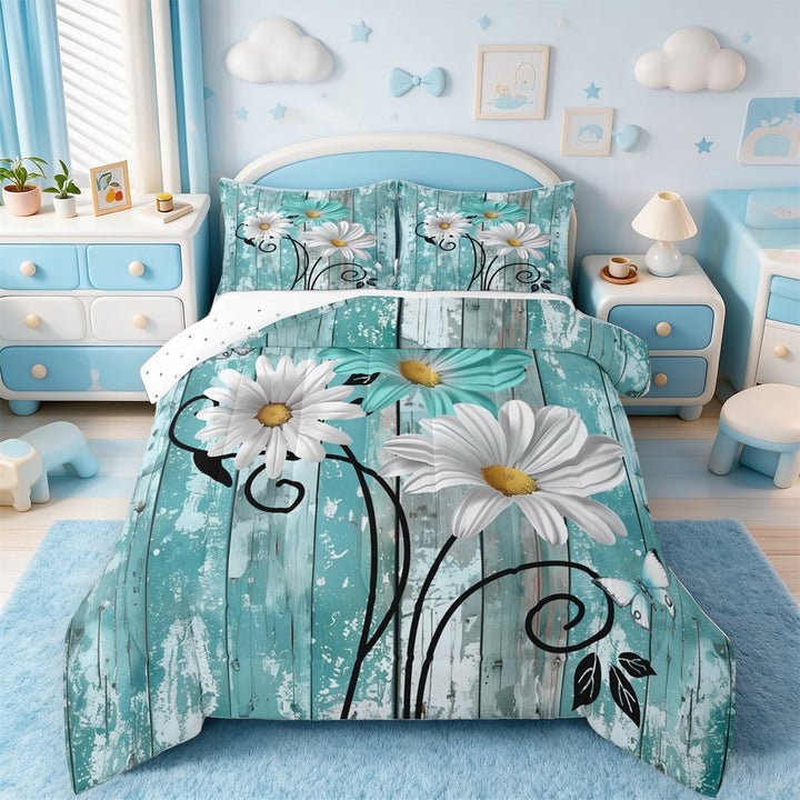 Erosebridal Chic Daisy Bedding Sets Twin with Comforter,Retro Rustic Wooden Door Duvet Insert,Botanical Flower Comforter Sets Twin Size,Super Cozy Room Decoration Reversible,2 Pieces
