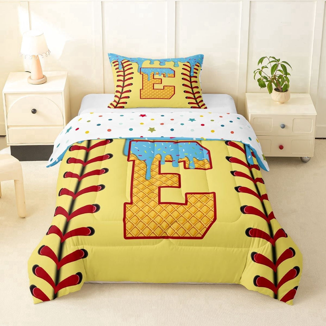 Erosebridal Light Blue Dripping Baseball Stitch &amp; Waffle Letter E Graphic Twin Comforter Sets 3-Piece, Alphabet Graphic Bedding Set for Boys And Girls Kids,Ultra Soft Home Decor