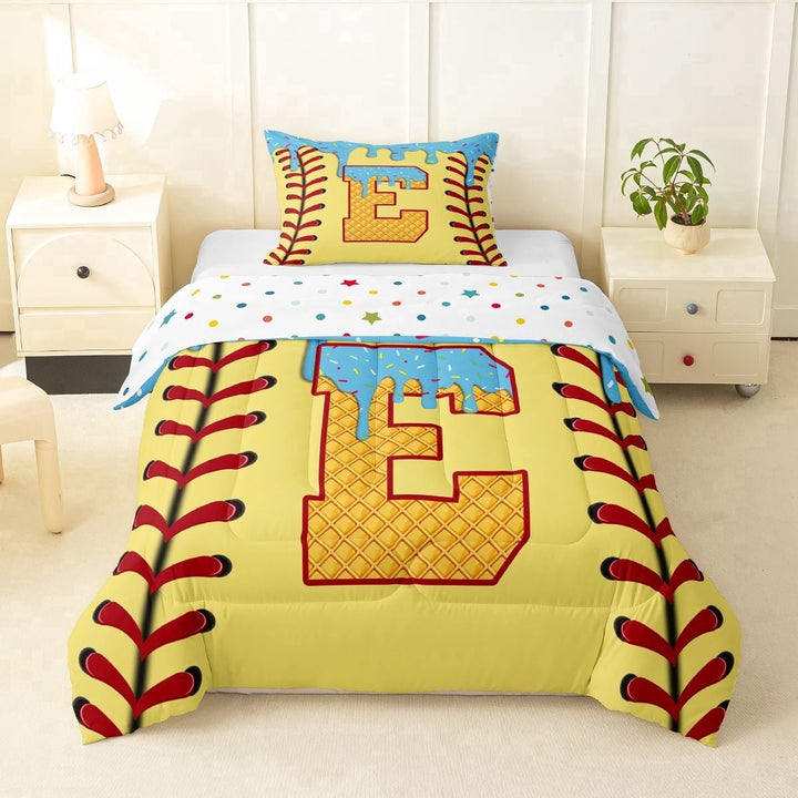 Erosebridal Light Blue Dripping Baseball Stitch &amp; Waffle Letter E Graphic Twin Comforter Sets 3-Piece, Alphabet Graphic Bedding Set for Boys And Girls Kids,Ultra Soft Home Decor