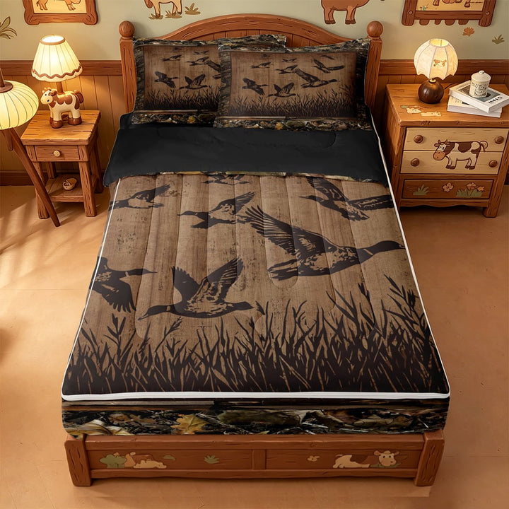 meiyoeat Rustic Duck Silhouette Zipper Full Size Comforter Sets with Fitted Sheet and 2 Pillowcases, Vintage Farmhouse Hunting Zipper Bedding Set For Men Women,Black Reversible,4 Pieces