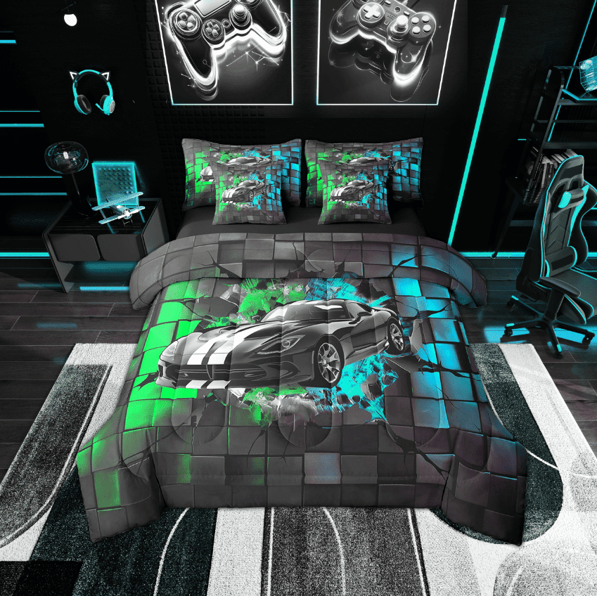 Erosebridal Fast Car Bedding Sets Twin Size,Extreme Sports Comforter Sets with Sheets,Plaid Buffalo Bed in a Bag Twin size,Super Cozy Teens Bedroom Decor,Reversible,7-Piece