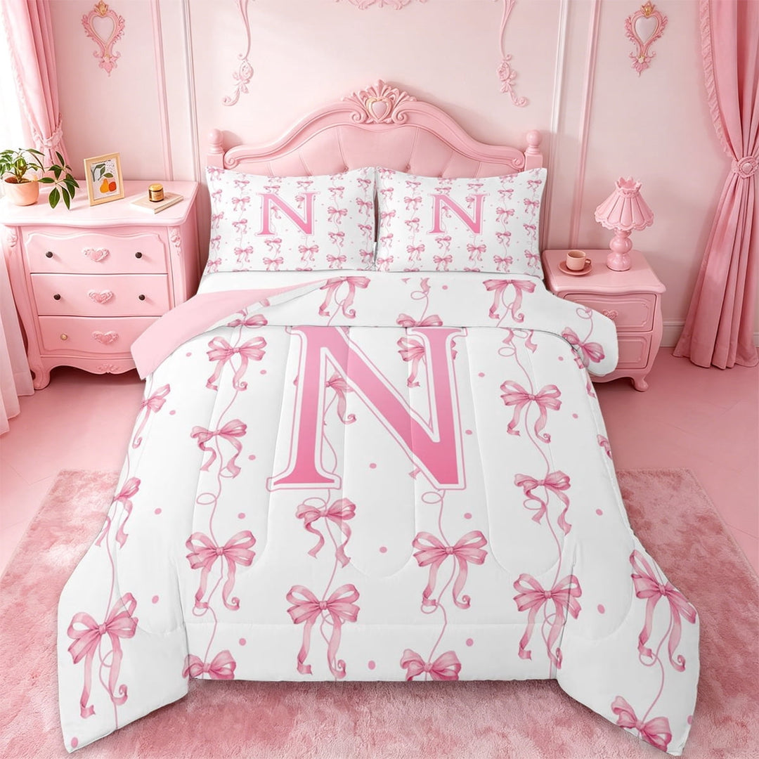 Manfei Coquette Bowknot Full Size Comforter Sets For Girl,Pink Cute Letter N Monogrammed Bedding Sets For Kids,Pink Reversible,3-Piece