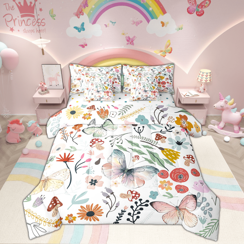 Cute Butterfly Comforter Set 7 Piece Bed in a Bag Twin,Mushroom Floral Cartoon Animal Bedding Sets Watercolor Flowers Leaves Sheet Set with Comforter