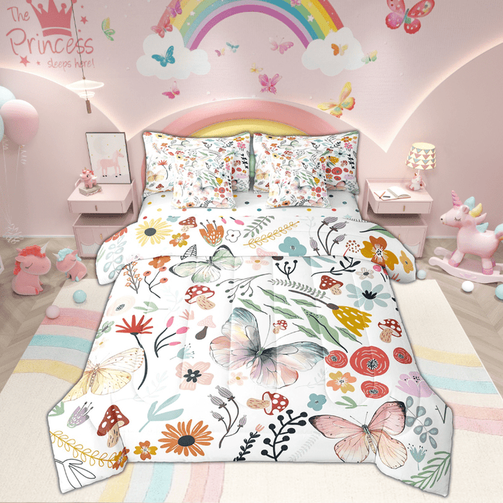 Cute Butterfly Comforter Set 7 Piece Bed in a Bag Twin,Mushroom Floral Cartoon Animal Bedding Sets Watercolor Flowers Leaves Sheet Set with Comforter