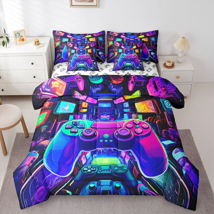 Erosebridal Teens Gaming Bed in a Bag Queen size, Blue Purple Bedding Queen Size, Futuristic Gamepad Reversible Bed Set, Ultra Soft Bedroom Decoration, 7pcs