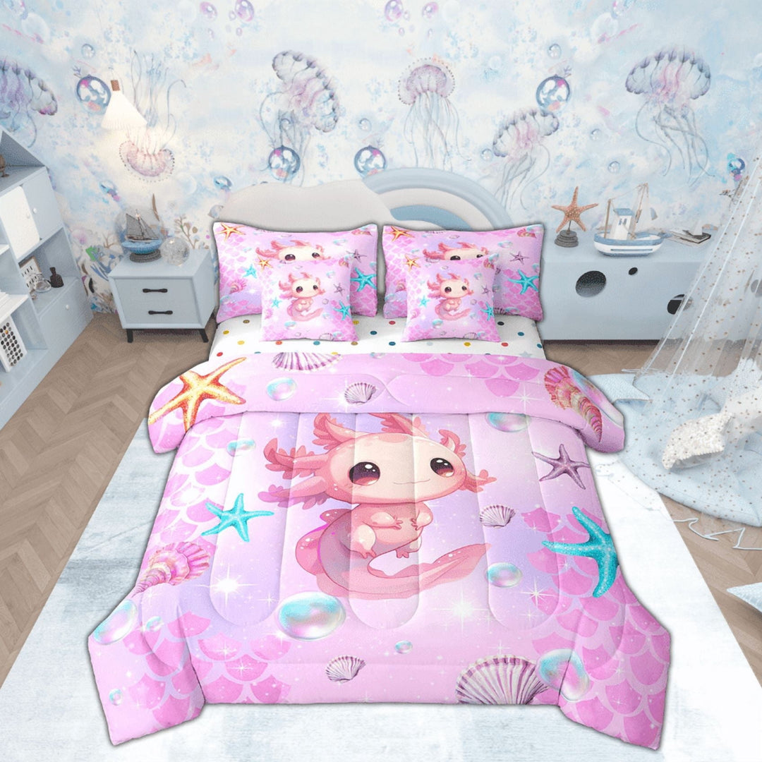 Manfei 3D Axolotl Bedding Sets Full Size, Pink Fish Scale Bed in a Bag Full size, Ocean Sealife Reversible Comforter Sets with Sheets, Microfiber Room Decoration, 7 Pieces