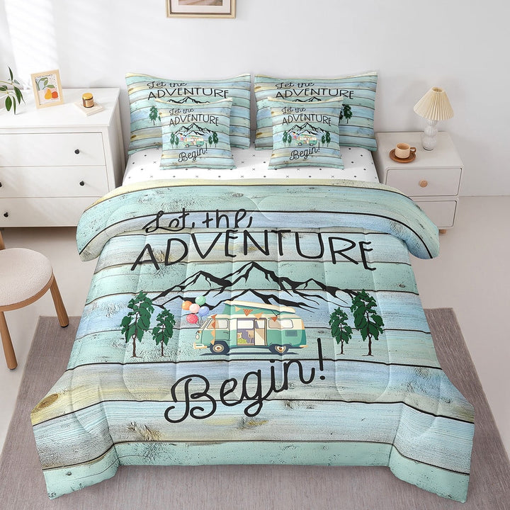 Erosebridal Happy Camping Bedding Sets Twin Size,Rustic Cabin Comforter Sets with Sheets,Adventure Camper Bed in a Bag Twin size,Lightweight Lodge Room Decor,Reversible,7pcs