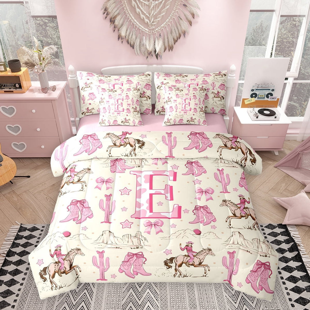Erosebridal Western Cowgirl Twin Bedding Sets for Girls, Monogrammed E Bedding Comforter Set, Pink Reversible, 7-Piece