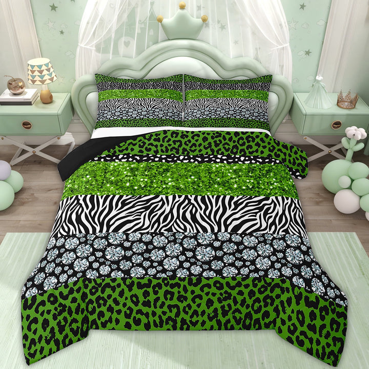 Cheetah Print Comforter Set Adults Watercolor Green Diamond Bedding Queen Size Leopard Print Comforter, Glitter Animal Print Christmas Gifts Bedding Sets (No Glitter No Sequin)