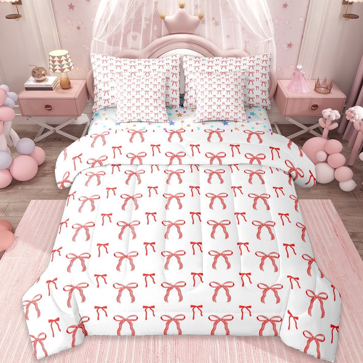 Erosebridal Cute Bows 7-Piece Twin Bedding Sets For Girls,Bowknot Dreamy Princess Style Bowtie Bedding Comforter Set,Red White,Reversible