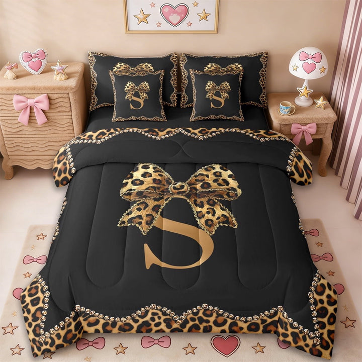 Erosebridal Cheetah Pattern Letter S 7-Piece Twin Bedding Sets,Kids Leopard Printed Bedding Comforter Set For Bow Girls,Reversible black