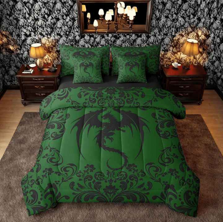 Damask Dragon 7 Piece Bed In A Bag With Sheets Full Boho Black Dark Green Gothic Animal Bedding Set Bohemian Exotic Floral Dragon Comforter Set Adults Retro Baroque Flower Goth Bed Set