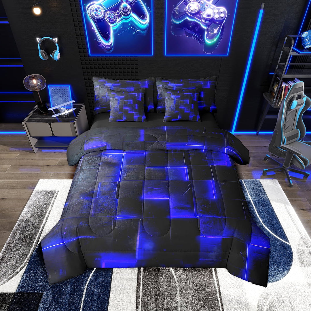 Navy Blue Black Bedding Comforter Sets 7Pcs 3D Glowing Buffalo Bed in a Bag Modern Abstract Art Full Bedding Sets Geometric Plaid Comforter Set Gradient Futuristic Cubes Bedding Sets &amp; Collections