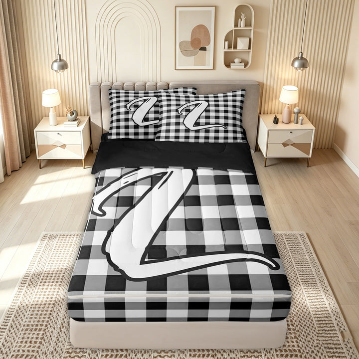 meiyoeat Graffiti Letter Z Zipper Comforter Set with Fitted Sheet and 2 Pillowcases for Kids, Checkered Grid Zipper Bedding Set for Bedroom, Black White, Black Reversible, 3-Piece