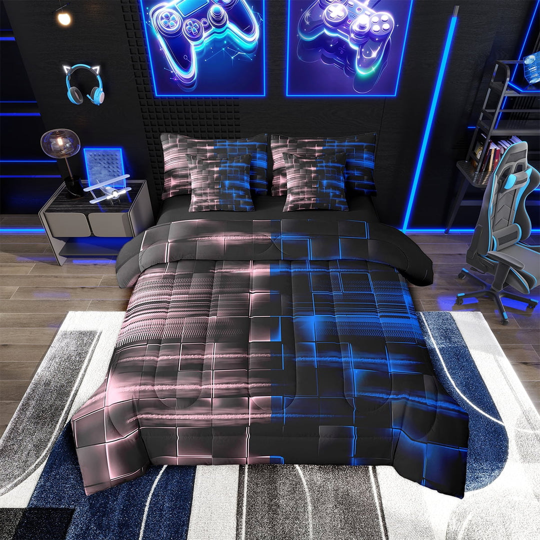Erosebridal Blue and Pink Comforter Set With Sheets7 piece Twin Size Geometric Bed in a Bag Geometry Strip Lines Bedding Set Abstract Art Bed Set with Comforter,Sheets,Pillowcases