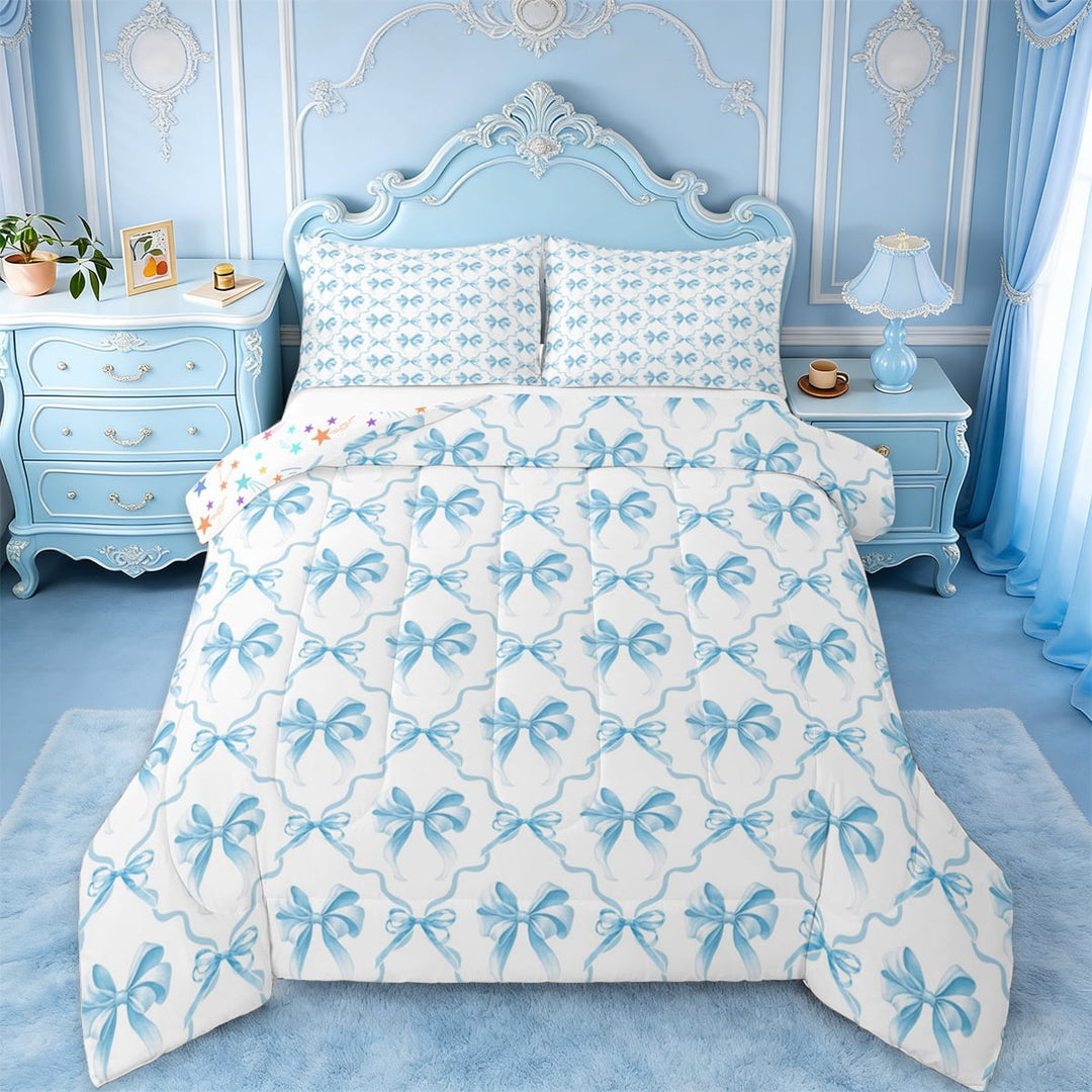 Manfei Kawaii Bowknot Bedding Comforter Set,Cartoon Bowtie Bow Twin Comforter Sets,Blue White Bedding Set For Girl,Breathable Home Decor Reversible,2 Pieces
