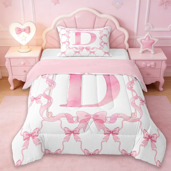 Erosebridal Girls Bowknot Personalized Twin Comforter Sets,Pink Alphabet D Print Bedding Set For Kids,Reversible pink,2-Piece