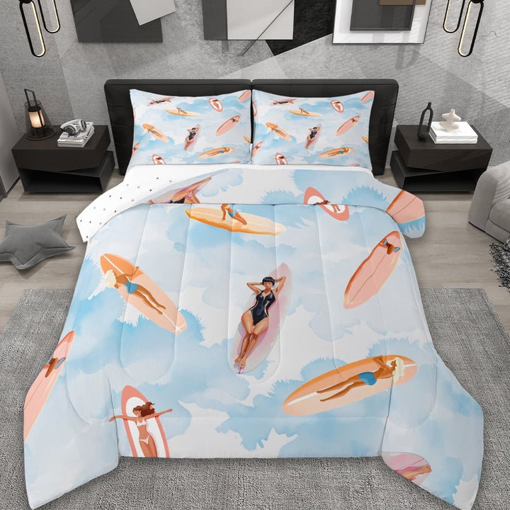 Erosebridal Blue Watercolor Ocean Bedding Full Comforter Set,Summer Sunbath Down Comforter,Surfboard Bedding Sets Full with Comforter For Men Women,Room Decorative Reversible,3 Pieces