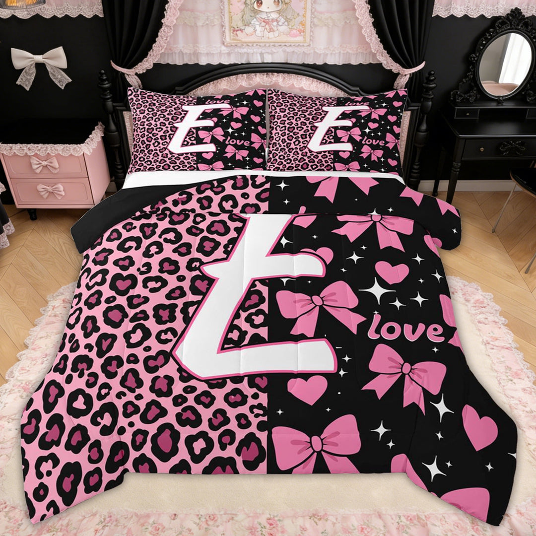 Erosebridal Leopard Print Letter E Full Size Comforter Sets for Girls, Pink Initial Ribbon Bedding Sets, Black Reversible, 3-Piece