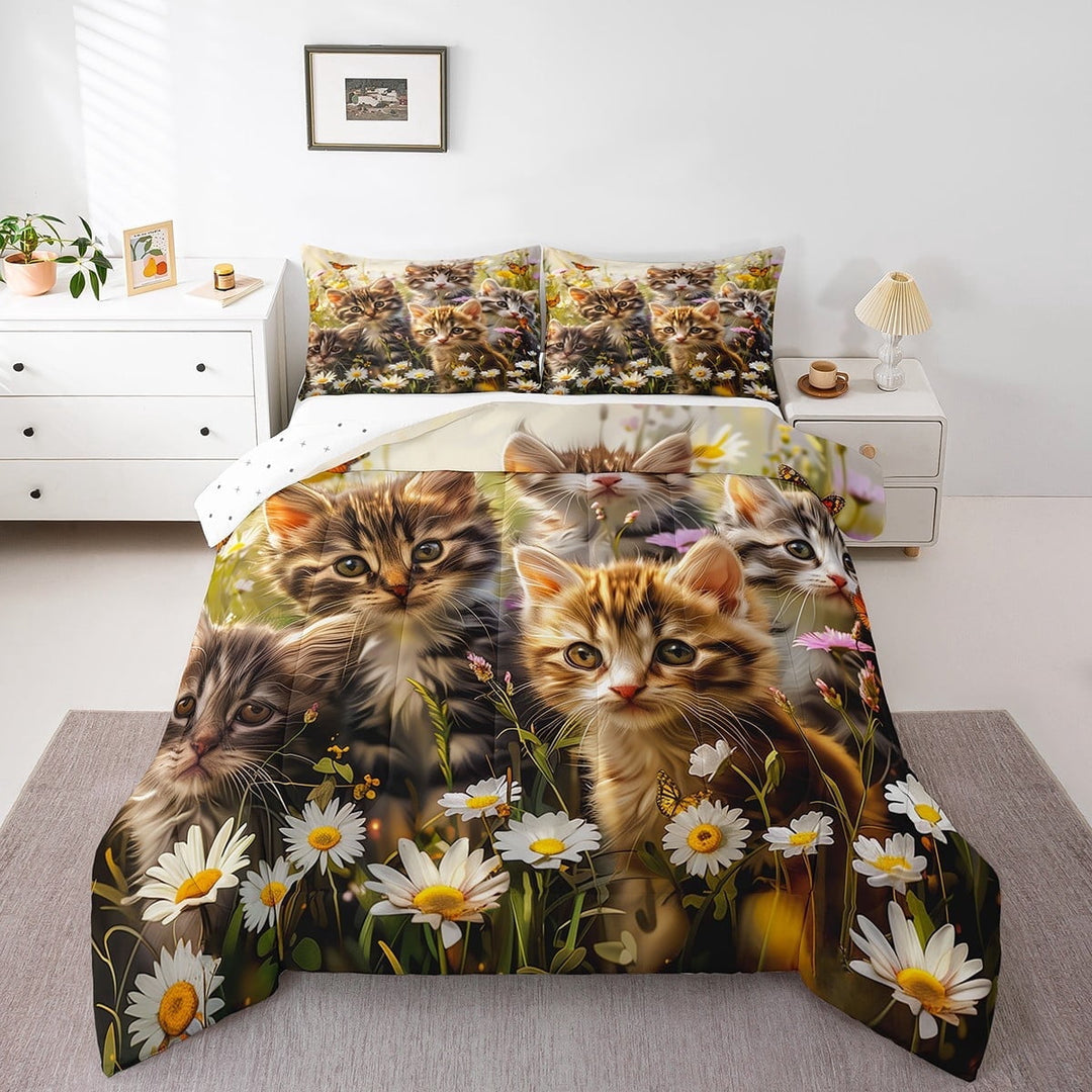 Erosebridal Cute Cat Kitten Print Comforter Sets Full Size, Pet Lovers Comforters &amp; Duvets, Daisy Blossoms Home Decor, Reversible 3 Pieces