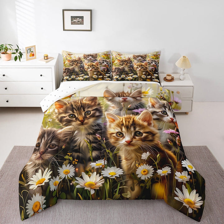 Erosebridal Cute Cat Kitten Print Comforter Sets Full Size, Pet Lovers Comforters &amp; Duvets, Daisy Blossoms Home Decor, Reversible 3 Pieces