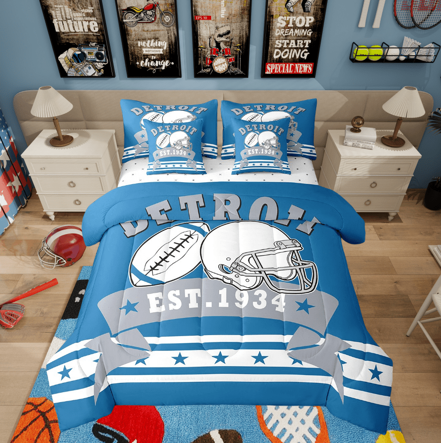 7Pcs Football Twin Comforter Set For Sports Fans American Football Bedding Sets, 3D Ball Game Comforter + Flat Sheet + Fitted Sheet + 2 Pillowcases + 2 Throw Pillow Covers(Detroit)