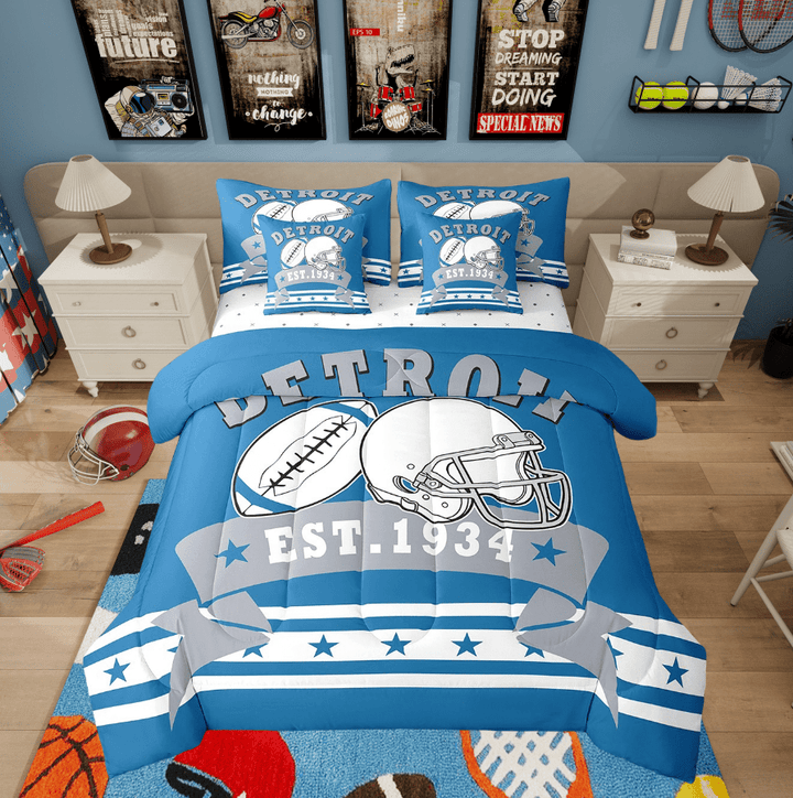 7Pcs Football Twin Comforter Set For Sports Fans American Football Bedding Sets, 3D Ball Game Comforter + Flat Sheet + Fitted Sheet + 2 Pillowcases + 2 Throw Pillow Covers(Detroit)
