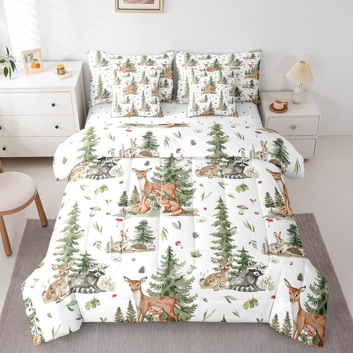 Erosebridal Kawaii Deer Raccoon Bedding Sets Twin Size,Woodland Animal Comforter Sets With Sheets,Cartoon Decor,Breathable,7Pcs