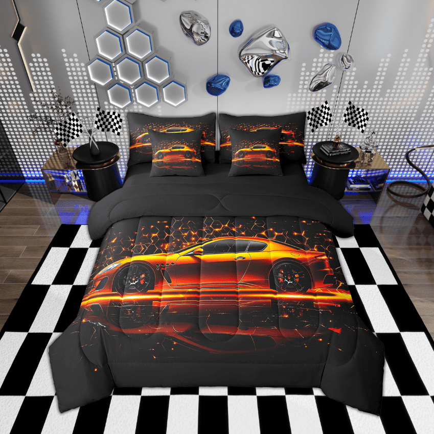 Erosebridal Racing Car Comforter Set With Sheets Twin Neon Honeycomb Race Car Bedding Set Extreme Sports Games 7 Piece Bed In A Bag Geometric Beehive Sports Car Bed Set Gold Orange