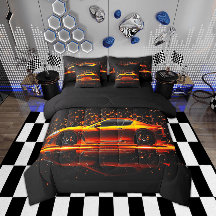 Erosebridal Racing Car Comforter Set With Sheets Twin Neon Honeycomb Race Car Bedding Set Extreme Sports Games 7 Piece Bed In A Bag Geometric Beehive Sports Car Bed Set Gold Orange