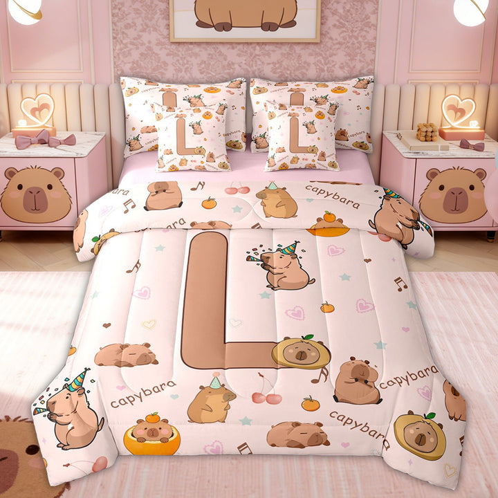 Erosebridal Monogrammed L Twin Bedding Sets for Kid, Capybara Lover Bedding Comforter Set, Pink Reversible, 7pcs