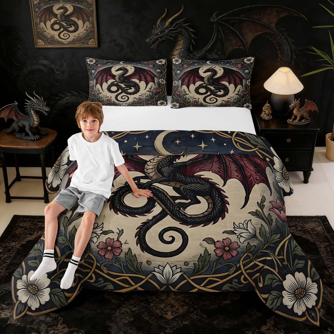 Erosebridal Vintage Floral Moon Dragon Queen Comforter Set for Men and Women, Black Red Beige Art Nouveau Bedding Comforter Set, 3-Piece 1 Comforter and 2 Pillowcases
