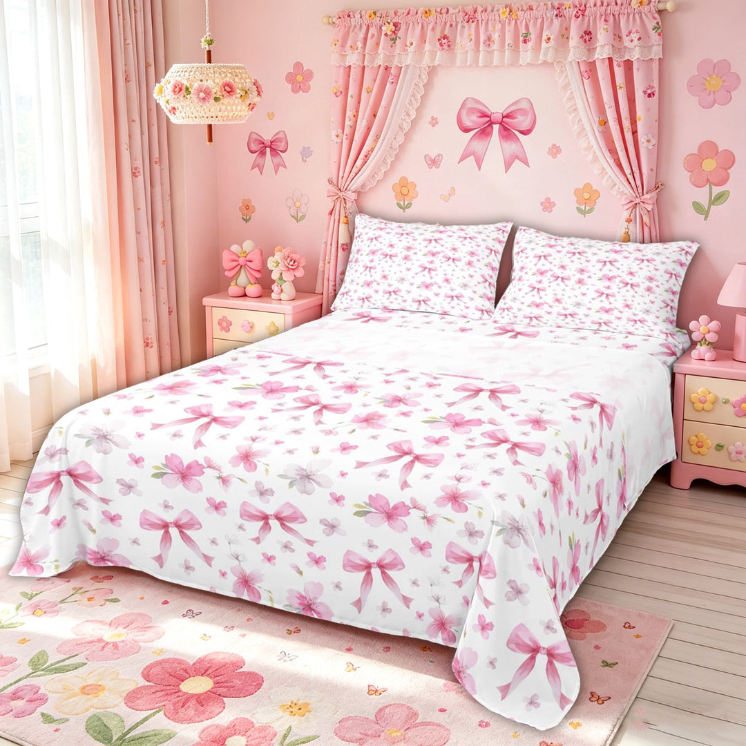 Meiyoeat Cherry Blossom Bow Full Size Sheets for Women Girls, Cartoon Watercolor Pink Floral Bed Sheets, 4pcs
