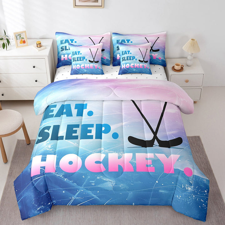 Ice Hockey 7 Piece Comforter Set Queen Size,Eat Sleep Hockey Puck Bed in a Bag with Flat Sheet and Fitted Sheet ,Sports Game Gradient Bedding Set with Pillowcase &amp; Sham
