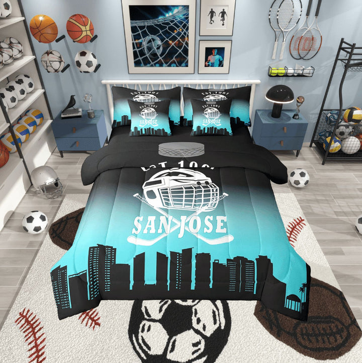 Erosebridal San Jose Soccer City Bedding Sets Twin Size, American Football Comforter Sets with Sheets, Vintage Rugby Reversible Bed Set, Microfiber Room Decoration, 7pcs