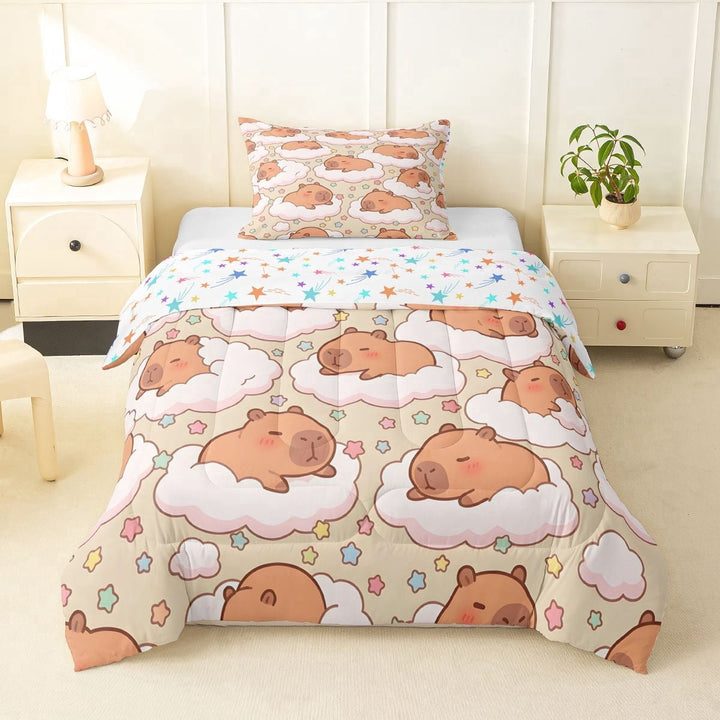 Erosebridal Cute Capybara Twin Comforter Sets,Rainbow Stars Print Bedding Set For Girls Kids Reversible 2pcs