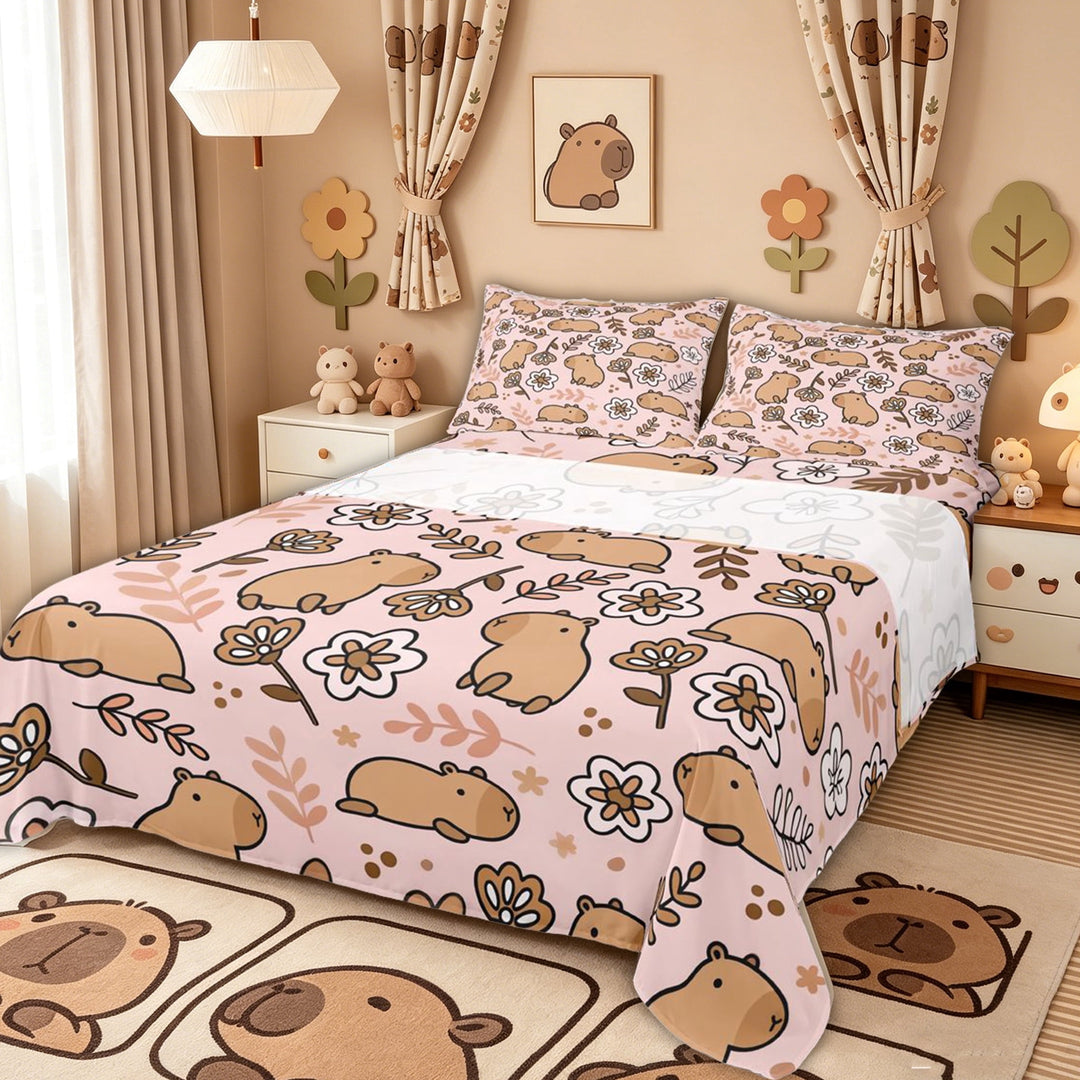 meiyoeat Cute Capybara Animal Bed Sheets for Kids Girls, Boho Flower Floral Full Size Sheets, Pink Brown, 4 Pieces