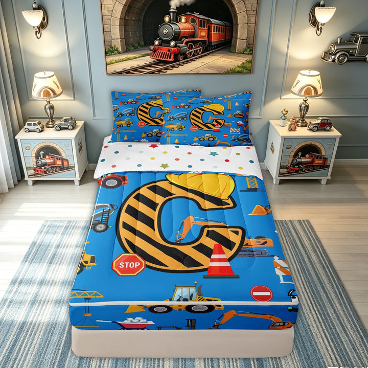 meiyoeat Construction Letter C Zipper Comforter Set with Fitted Sheet and 2 Pillowcases for Boys Girls, Blue Truck Vehicle Zipper Bedding Set, Polkadot Reversible, 3pcs