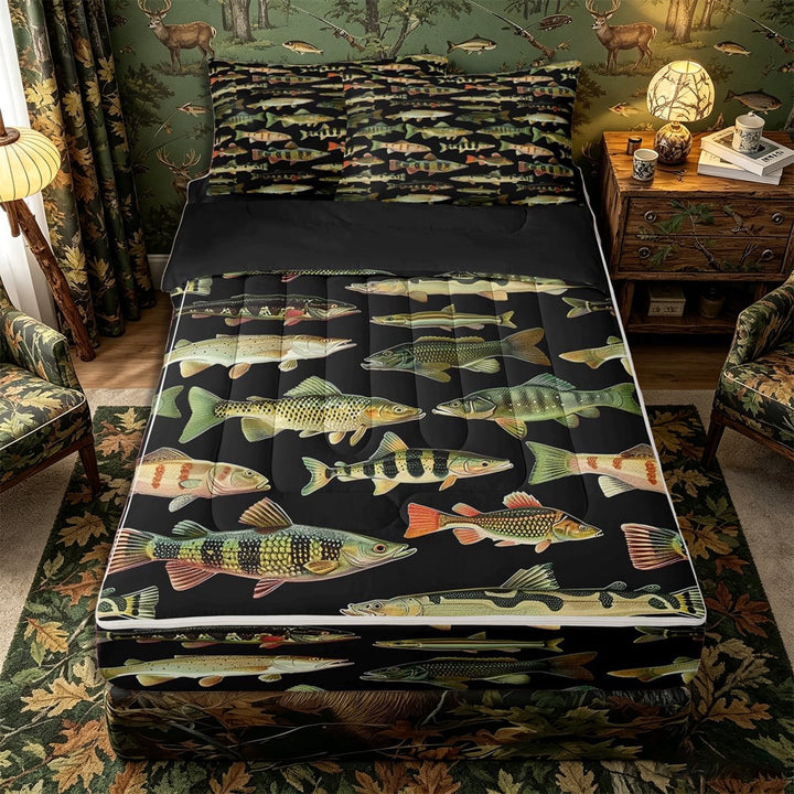 Meiyoeat Retro Fish Print Zipper Twin Comforter Sets with Fitted Sheet and 2 Pillowcases, Rustic Farmhouse Fishing Theme Zipper Bedding Set,4-Piece,Black Reversible